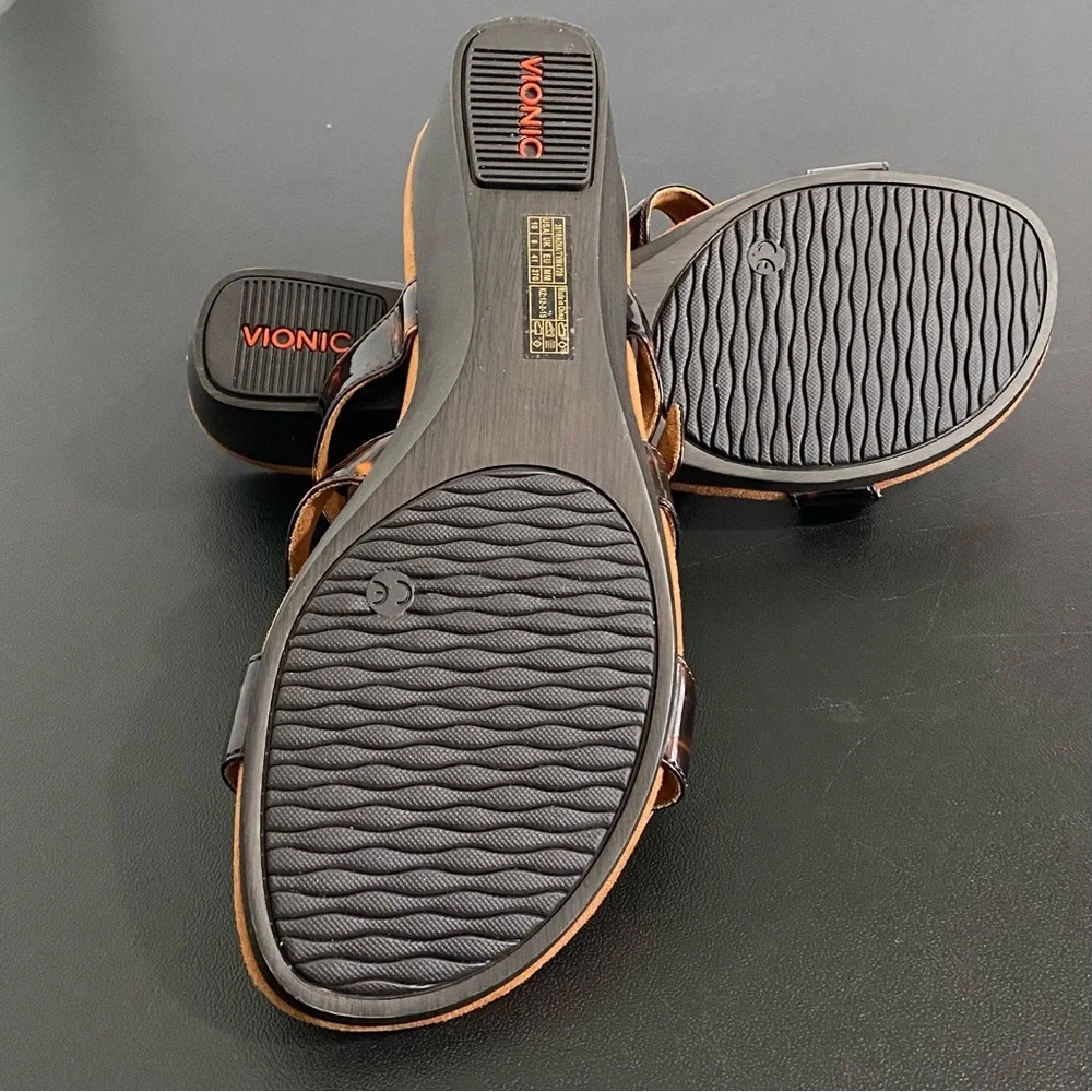 Vionic New Radia Wedge Heel Sandals Size 10 Tortoise Shell Black Brown Ajustable